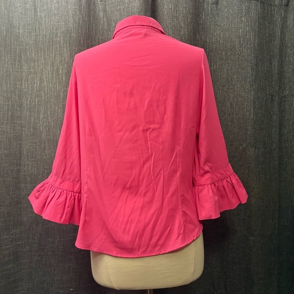 Gretchen Scott‎ Bright Hot Pink Button Down Shirt Ruffle Sleeve (Large) - Picture 6 of 8